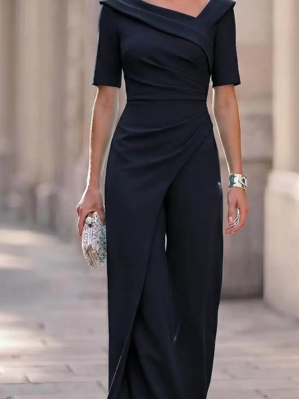 Elegant Blue Wrap-Front Jumpsuit
